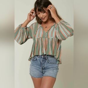 NEW O'Neill Women XS Rosie Striped Surfer Skate Beach Drop Shoulder Top Shirt